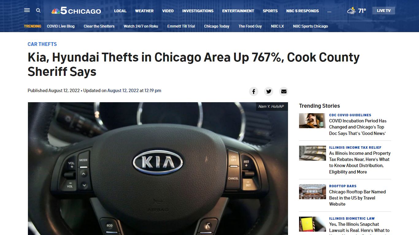 Kia, Hyundai Thefts in Chicago Area Are up 767% Percent, Cook County ...